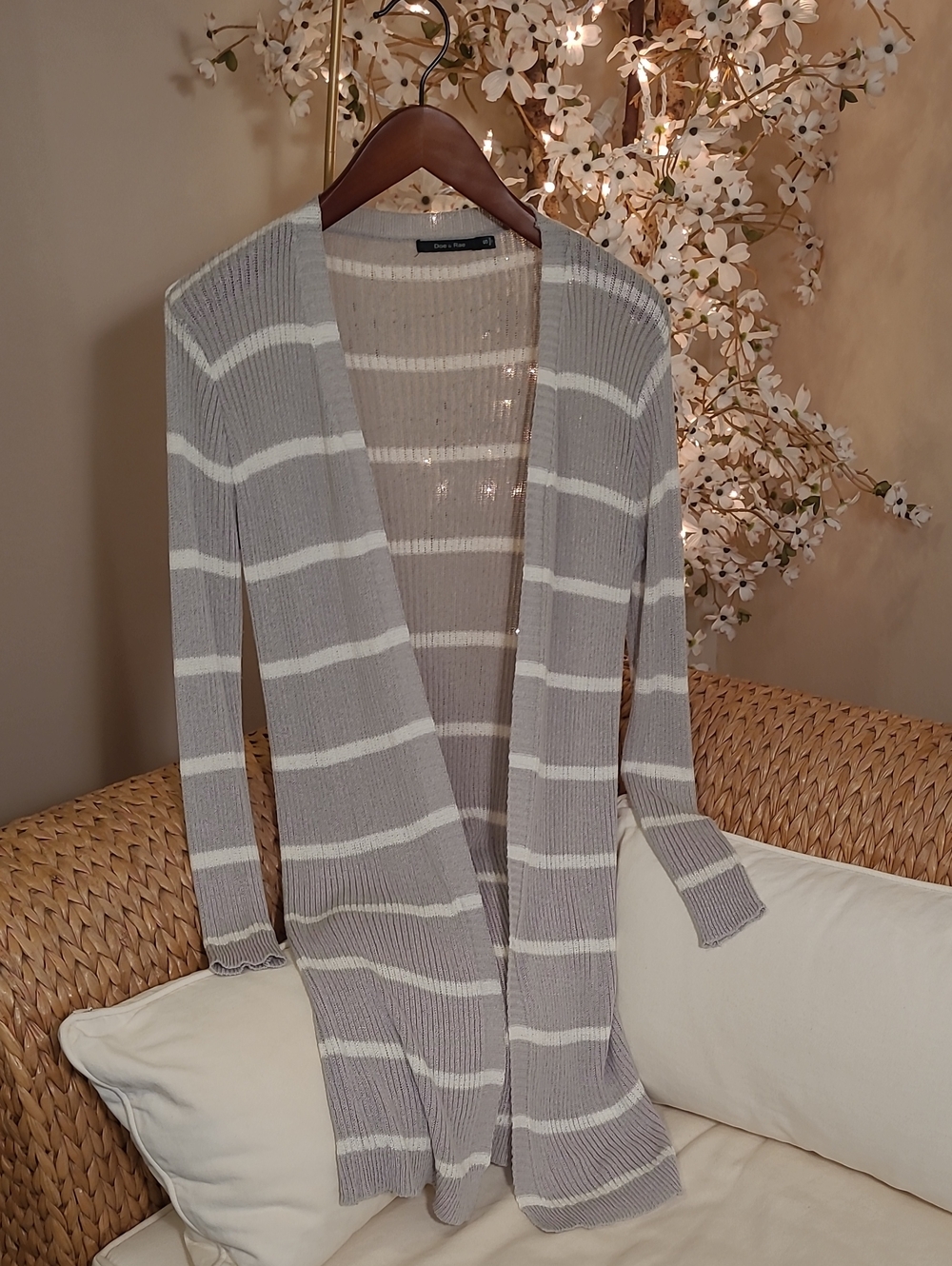 Striped Open-Front Long Cardigan Sweater - Gray & White